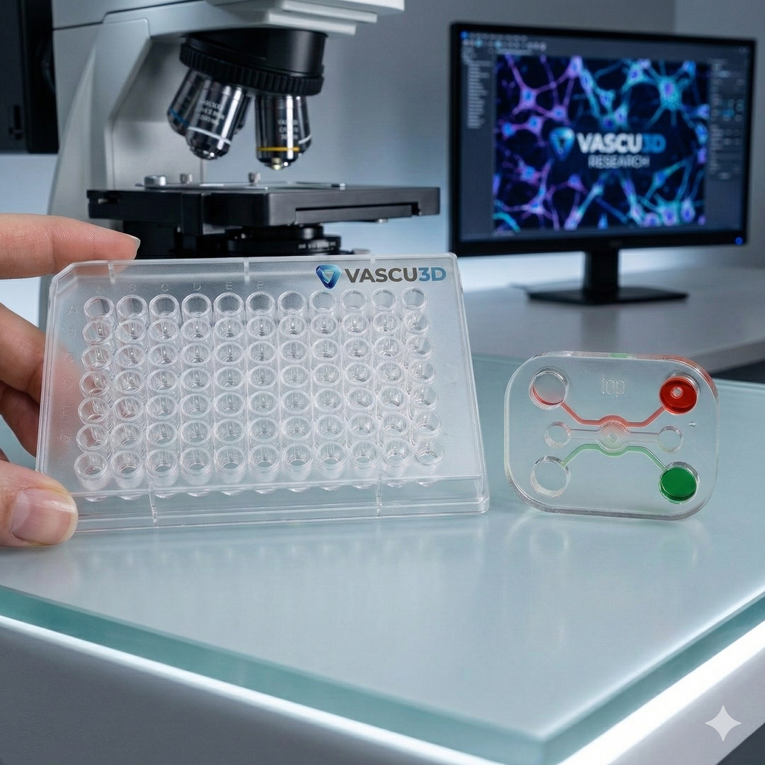 Transparent Vascu3D cell-culture plate and microfluidic device in a laboratory setting